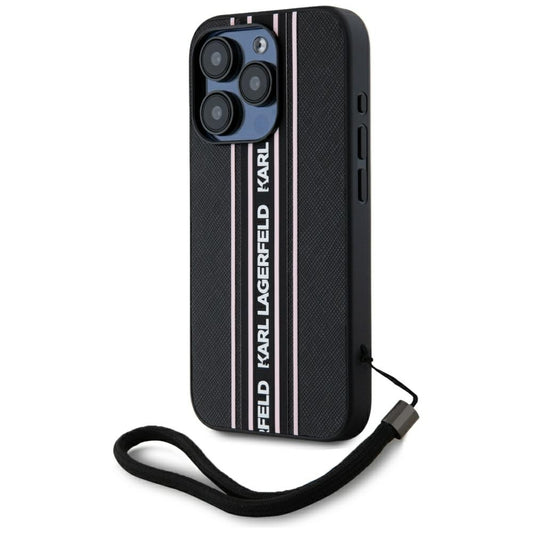 Tok Apple iPhone 15 Pro-hoz, Karl Lagerfeld, Saffiano Athleisure Stripes with Strap, Rózsaszín