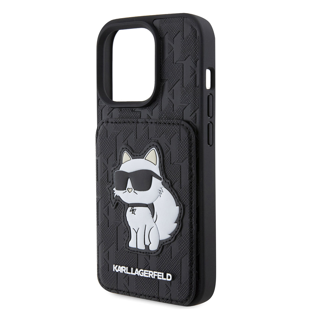 Tok Apple iPhone 15 Pro-hoz, Karl Lagerfeld, Saffiano Cardslots and Stand Monogram Choupette, Fekete