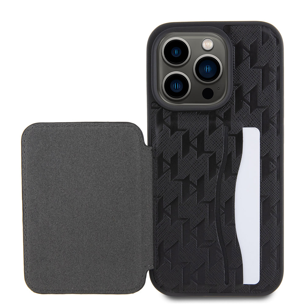 Tok Apple iPhone 15 Pro-hoz, Karl Lagerfeld, Saffiano Cardslots and Stand Monogram Choupette, Fekete