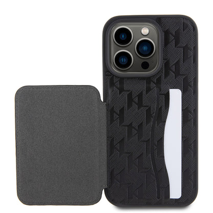 Tok Apple iPhone 15 Pro-hoz, Karl Lagerfeld, Saffiano Cardslots and Stand Monogram Choupette, Fekete