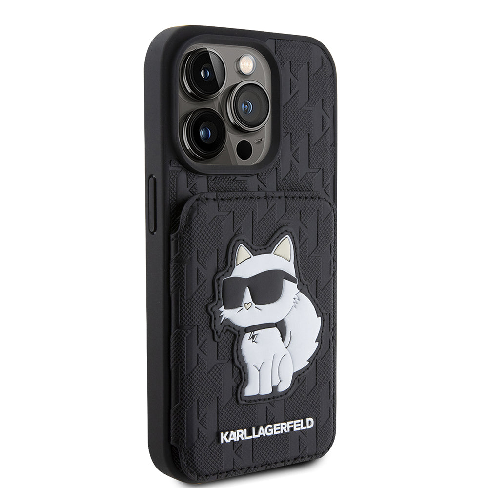 Tok Apple iPhone 15 Pro-hoz, Karl Lagerfeld, Saffiano Cardslots and Stand Monogram Choupette, Fekete