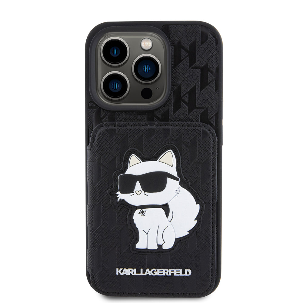 Tok Apple iPhone 15 Pro-hoz, Karl Lagerfeld, Saffiano Cardslots and Stand Monogram Choupette, Fekete