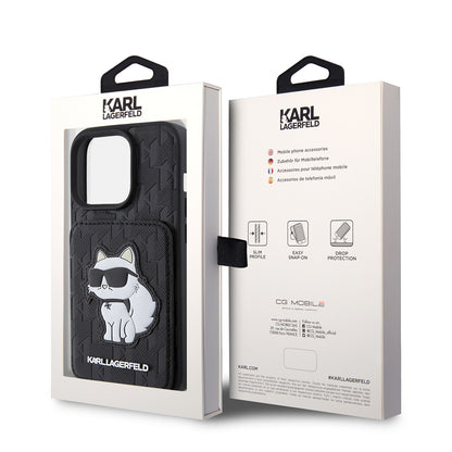 Tok Apple iPhone 15 Pro-hoz, Karl Lagerfeld, Saffiano Cardslots and Stand Monogram Choupette, Fekete