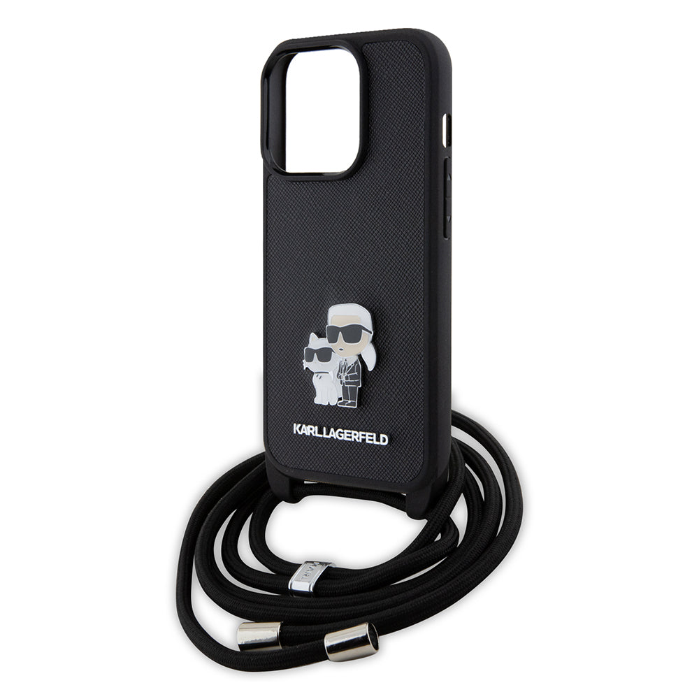 Tok Apple iPhone 15 Pro-hoz, Karl Lagerfeld, Saffiano Crossbody Metal Pin Karl & Choupette, Fekete