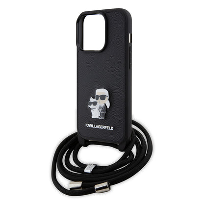 Tok Apple iPhone 15 Pro-hoz, Karl Lagerfeld, Saffiano Crossbody Metal Pin Karl & Choupette, Fekete