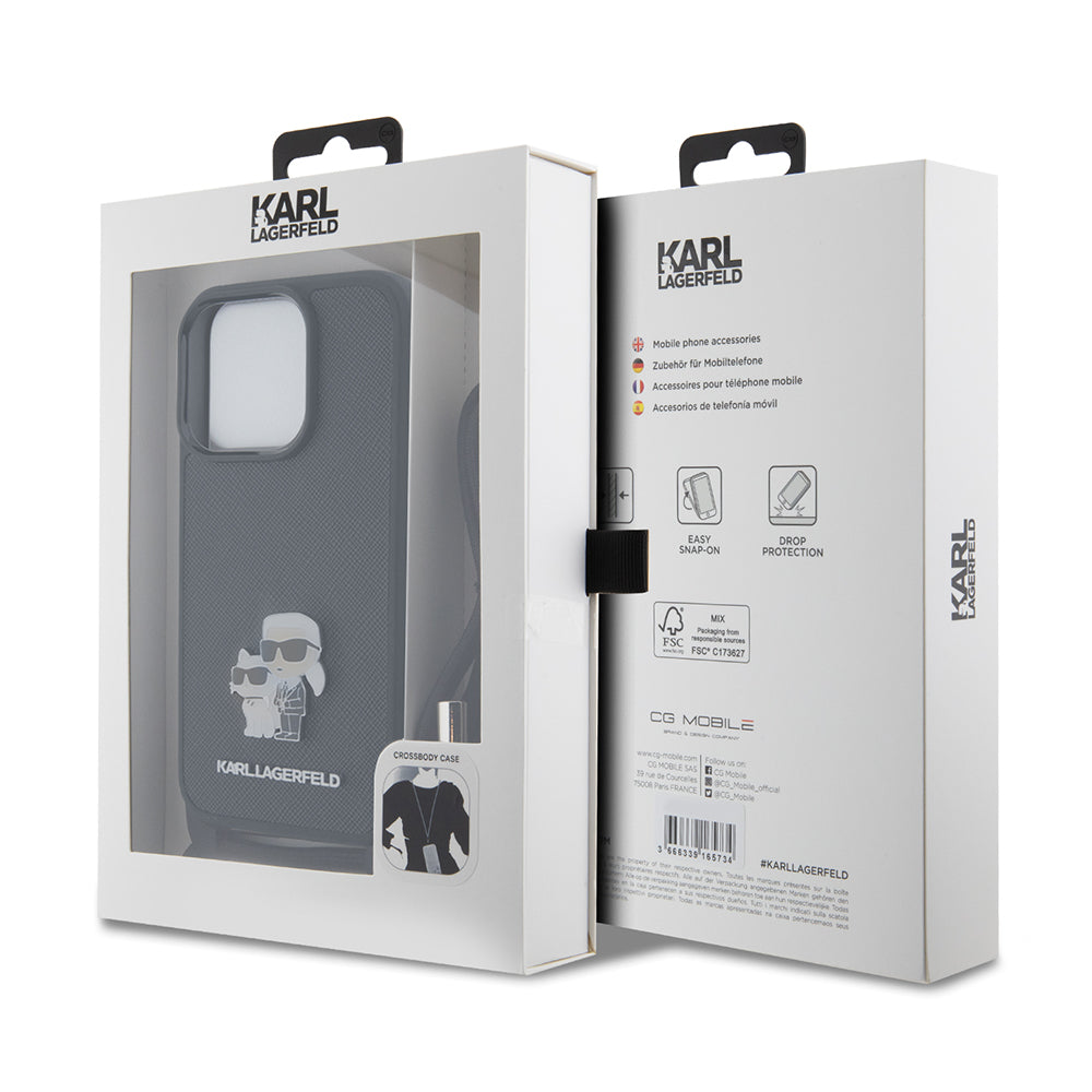 Tok Apple iPhone 15 Pro-hoz, Karl Lagerfeld, Saffiano Crossbody Metal Pin Karl & Choupette, Fekete