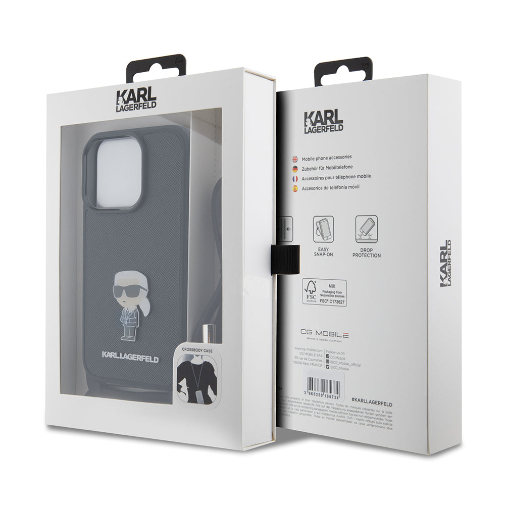 Tok Apple iPhone 15 Pro-hoz, Karl Lagerfeld, Saffiano Crossbody Monogram Metal Pin Karl, Fekete