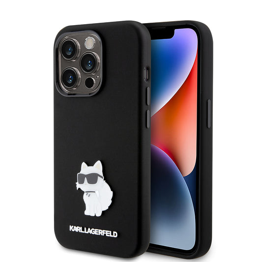 Tok Apple iPhone 15 Pro-hoz, Karl Lagerfeld, Silicone Choupette Metal, Fekete