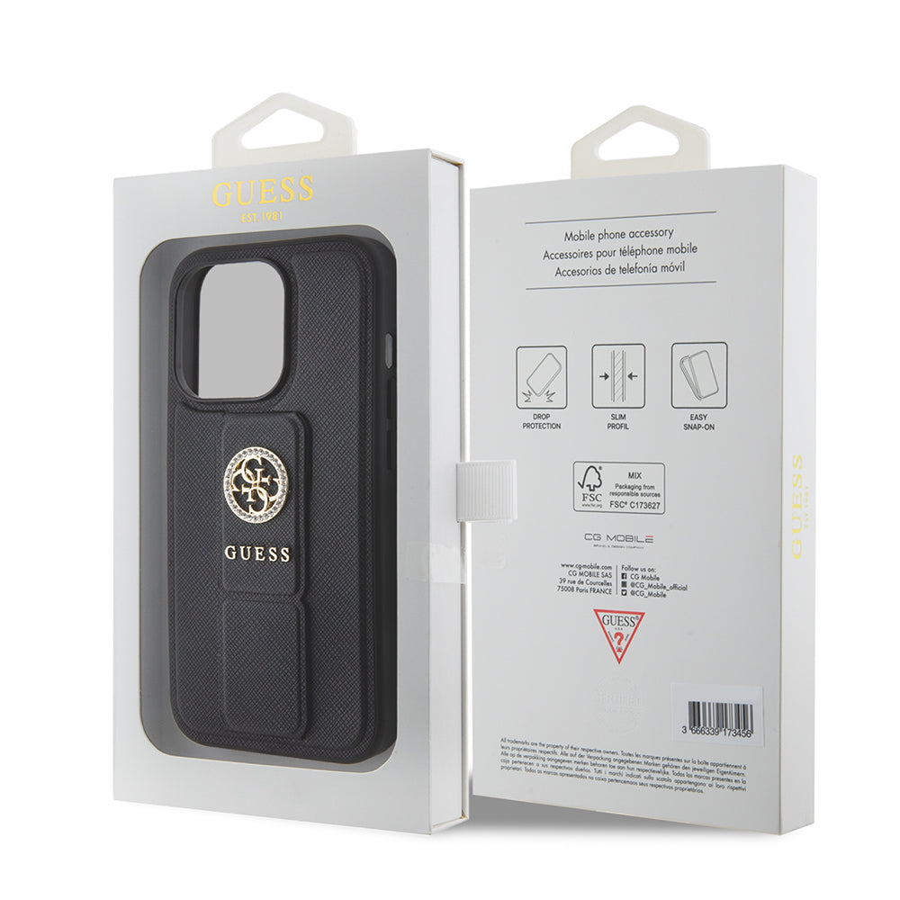 Tok Apple iPhone 15 Pro Max-hoz, Guess, Grip Stand 4G Saffiano Strass, Fekete