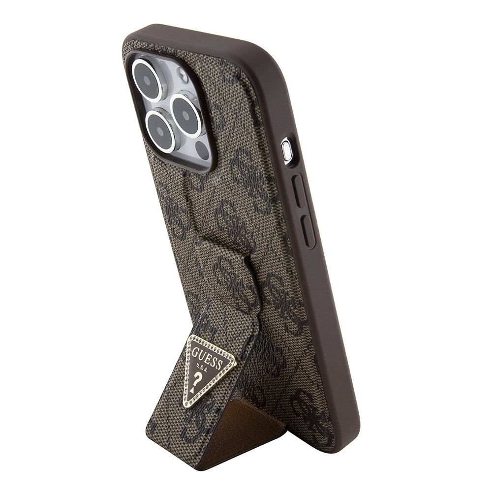 Tok Apple iPhone 15 Pro Max-hoz, Guess, Grip Stand 4G Triangle Strass, Barna