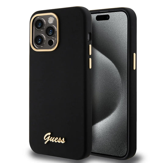 Tok a Apple iPhone 15 Pro Max-hoz, Guess, Script Metal Logo & Frame, Fekete