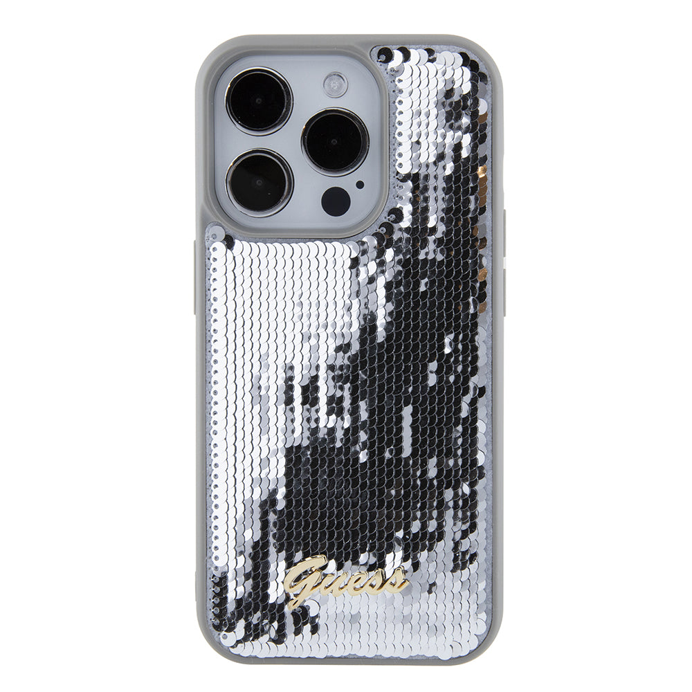 Tok Apple iPhone 15 Pro Max-hoz, Guess, Sequin Script Metal, Ezüst