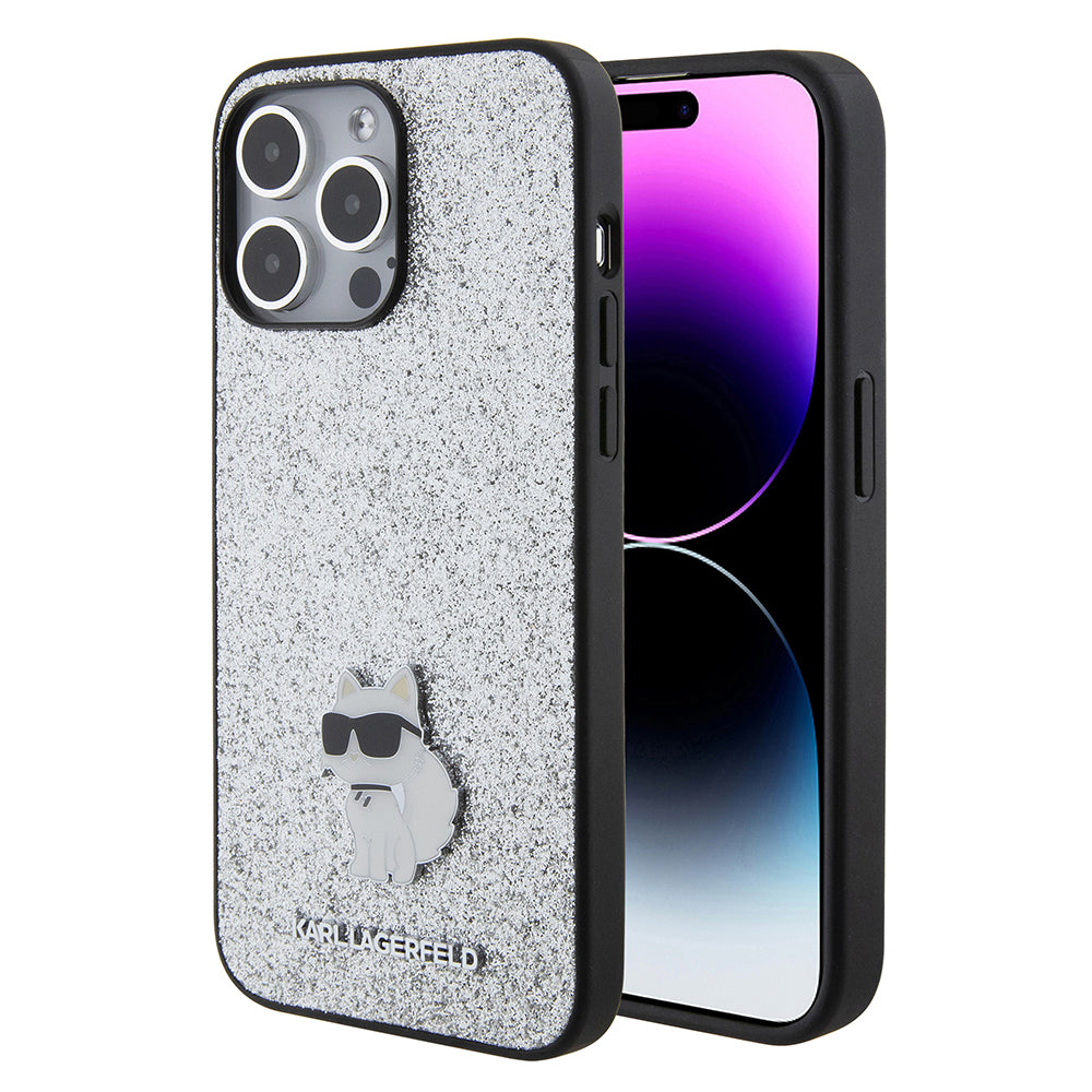 Tok Apple iPhone 15 Pro Max-hoz, Karl Lagerfeld, Glitter Fixed Choupette Logo, Ezüst