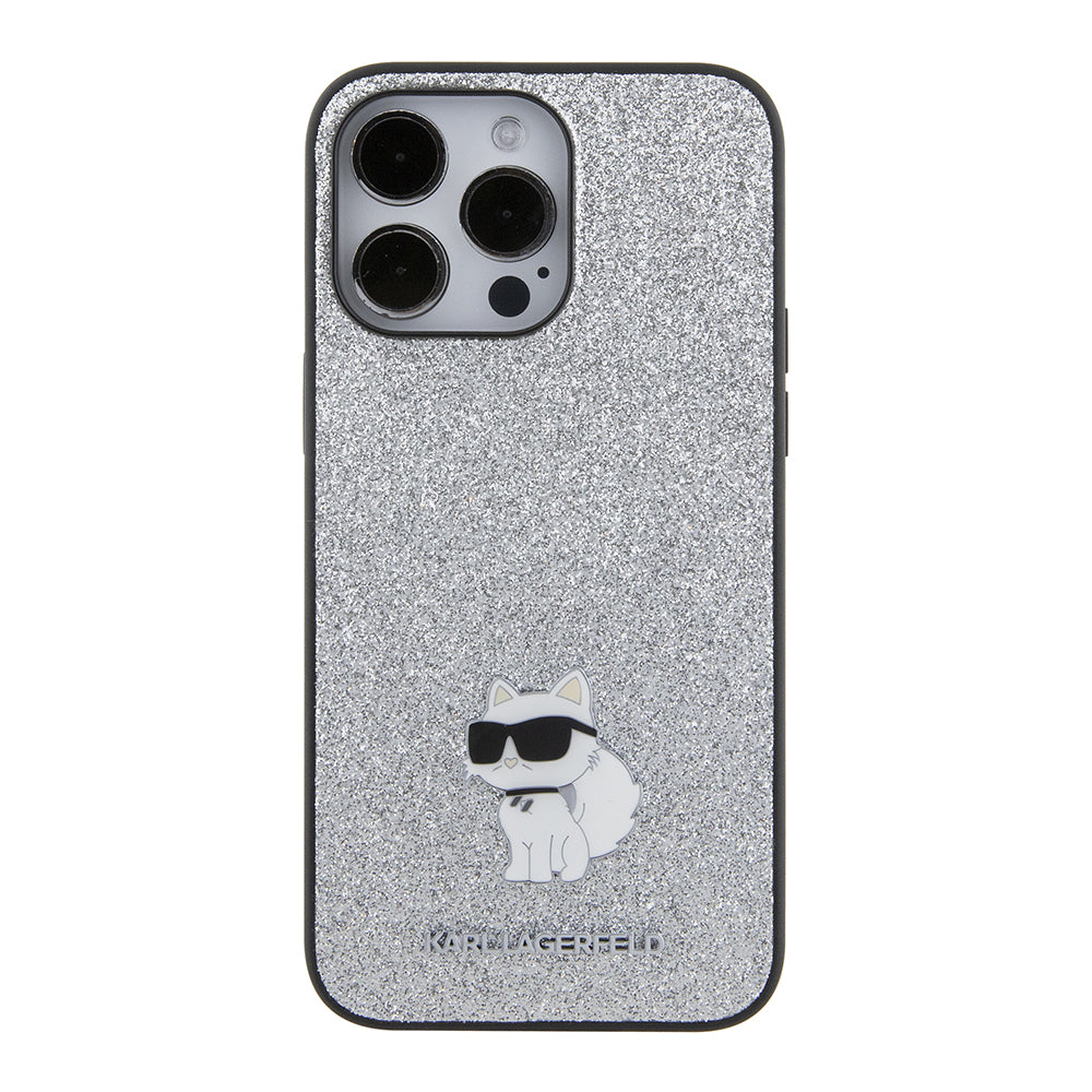 Tok Apple iPhone 15 Pro Max-hoz, Karl Lagerfeld, Glitter Fixed Choupette Logo, Ezüst
