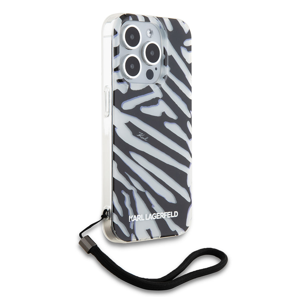 Case for Apple iPhone 15 Pro Max, Karl Lagerfeld, IML Luxury Zebra Pattern with Strap, Black