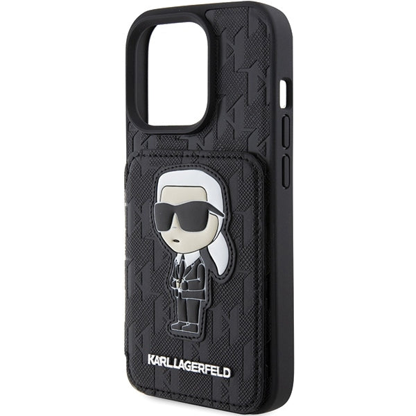 Tok Apple iPhone 15 Pro Max-hoz, Karl Lagerfeld, Saffiano Cardslots and Stand Monogram Ikonik Karl, Fekete