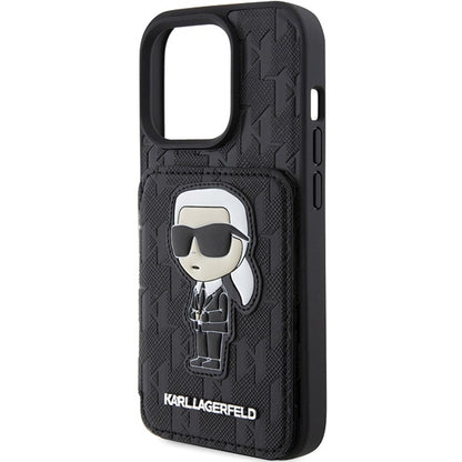 Tok Apple iPhone 15 Pro Max-hoz, Karl Lagerfeld, Saffiano Cardslots and Stand Monogram Ikonik Karl, Fekete