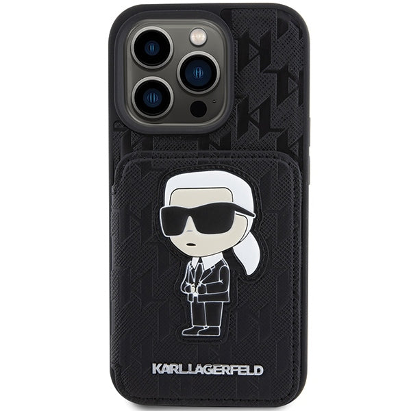 Tok Apple iPhone 15 Pro Max-hoz, Karl Lagerfeld, Saffiano Cardslots and Stand Monogram Ikonik Karl, Fekete