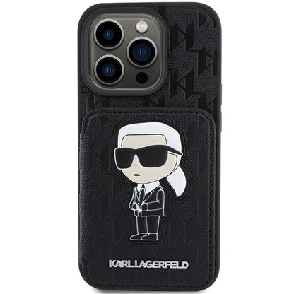 Tok Apple iPhone 15 Pro Max-hoz, Karl Lagerfeld, Saffiano Cardslots and Stand Monogram Ikonik Karl, Fekete