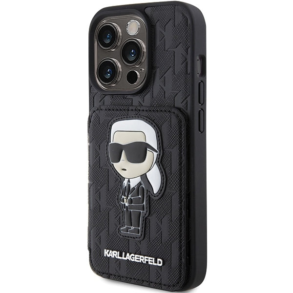 Tok Apple iPhone 15 Pro Max-hoz, Karl Lagerfeld, Saffiano Cardslots and Stand Monogram Ikonik Karl, Fekete