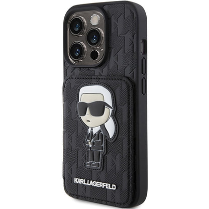 Tok Apple iPhone 15 Pro Max-hoz, Karl Lagerfeld, Saffiano Cardslots and Stand Monogram Ikonik Karl, Fekete