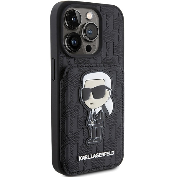 Tok Apple iPhone 15 Pro Max-hoz, Karl Lagerfeld, Saffiano Cardslots and Stand Monogram Ikonik Karl, Fekete