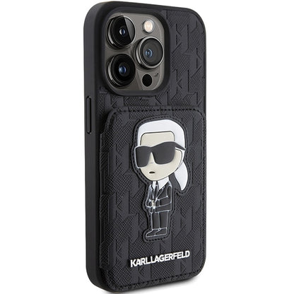Tok Apple iPhone 15 Pro Max-hoz, Karl Lagerfeld, Saffiano Cardslots and Stand Monogram Ikonik Karl, Fekete