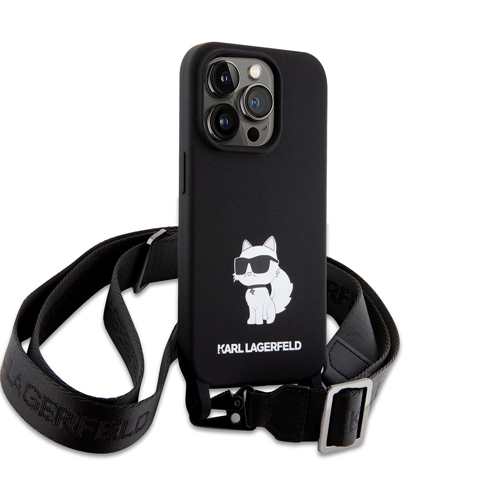 Tok a Apple iPhone 15 Pro Max-hoz, Karl Lagerfeld, Szilikon Crossbody Choupette, Fekete