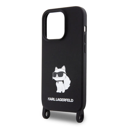 Tok a Apple iPhone 15 Pro Max-hoz, Karl Lagerfeld, Szilikon Crossbody Choupette, Fekete