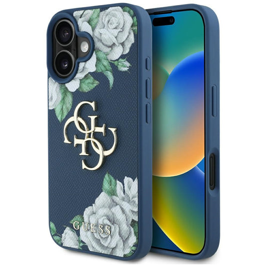 Tok Apple iPhone 16-hoz, Guess, 4G Grained Roses Big Logo, Kék