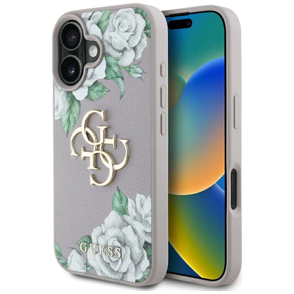 Tok Apple iPhone 16-hoz, Guess, 4G Grained Roses Big Logo, Lila