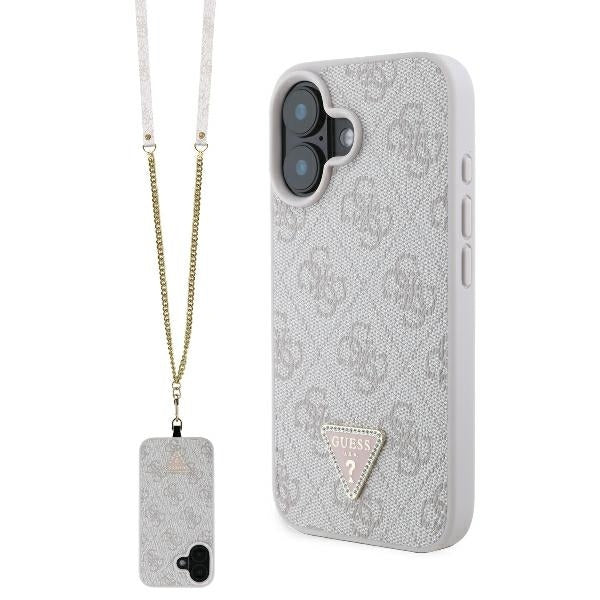 Tok Apple iPhone 16-hoz, Guess, Crossbody 4G Triangle Strass, Rózsaszín