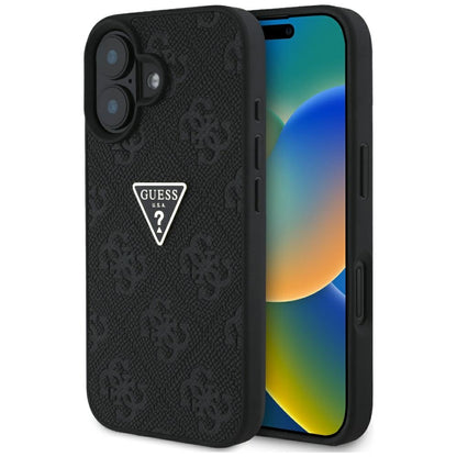 Tok Apple iPhone 16-hoz, Guess, Hot Stamp 4G Pattern Triangle Logo, Fekete