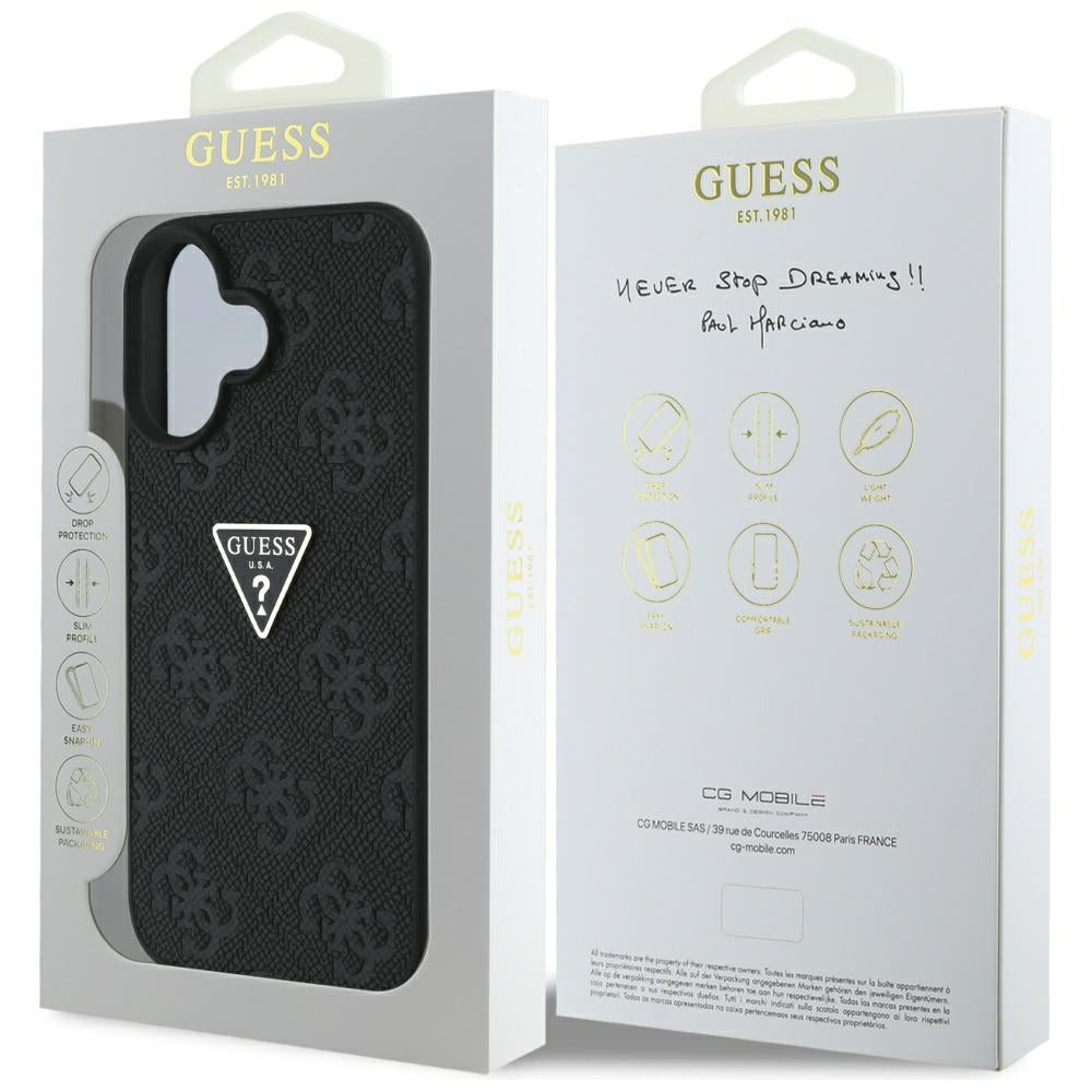 Tok Apple iPhone 16-hoz, Guess, Hot Stamp 4G Pattern Triangle Logo, Fekete