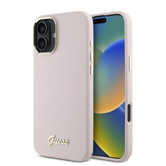 Tok a Apple iPhone 16-hoz, Guess, Script Metal Logo & Frame, Rózsaszín