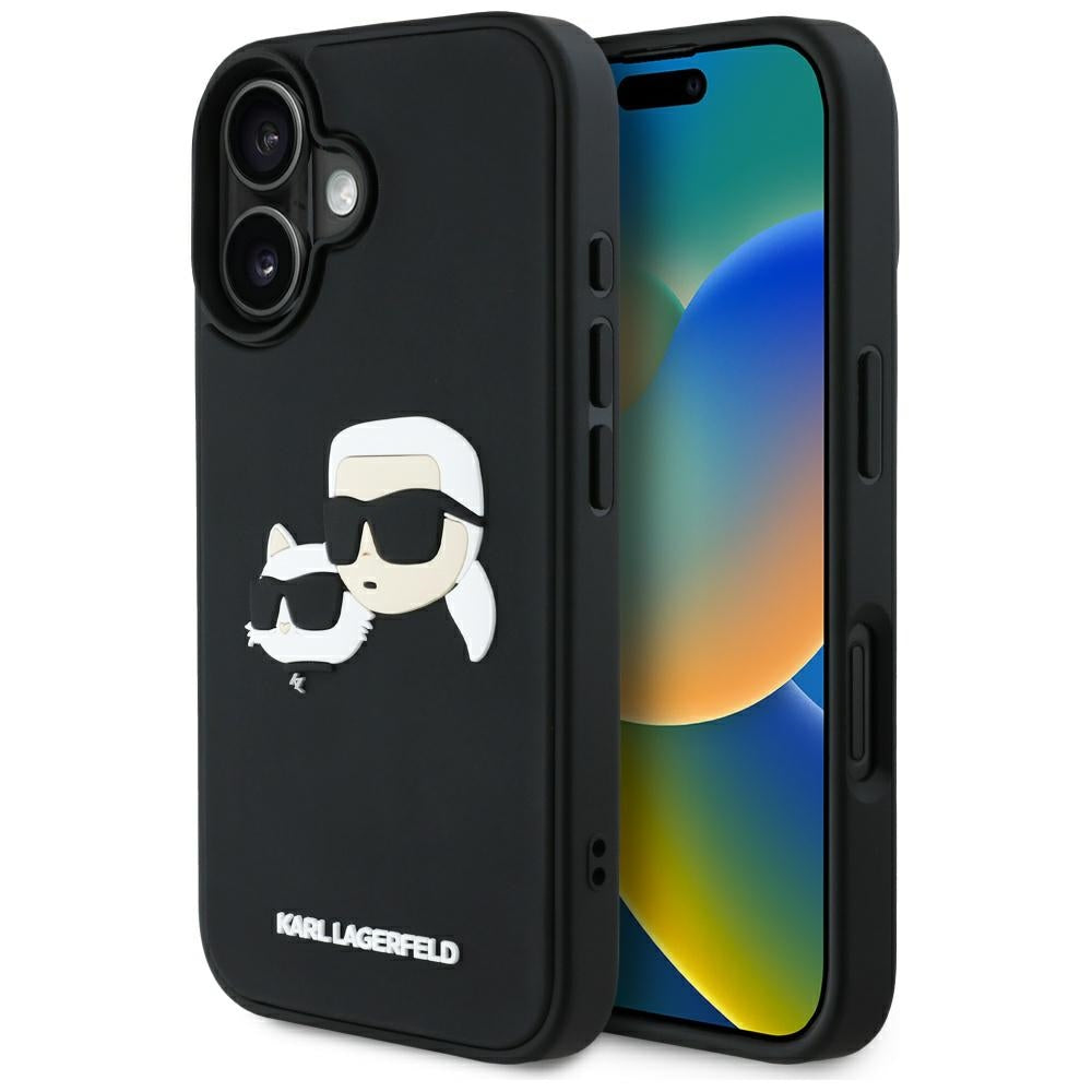 Tok a Apple iPhone 16-hoz, Karl Lagerfeld, 3D Rubber Karl & Choupette, Fekete