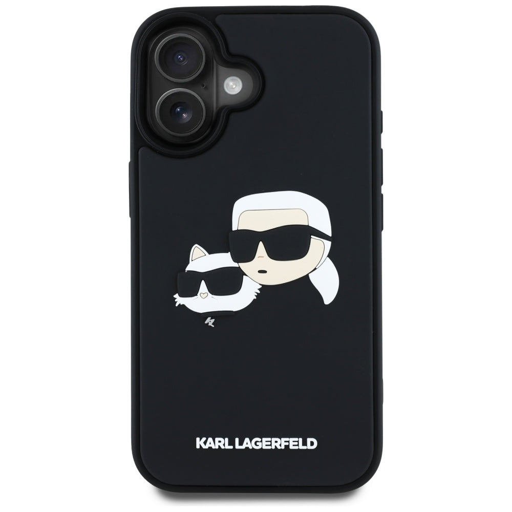 Tok a Apple iPhone 16-hoz, Karl Lagerfeld, 3D Rubber Karl & Choupette, Fekete