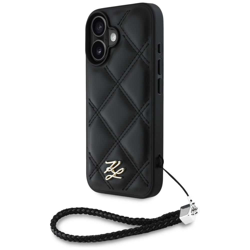 Case for Apple iPhone 16, Karl Lagerfeld, Quilted Initial Logo & Chain Strap, Black