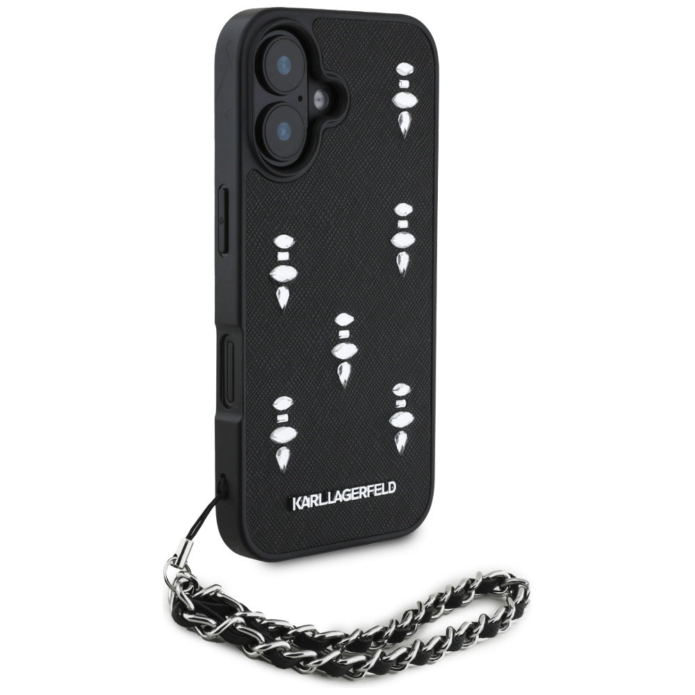 Tok Apple iPhone 16-hoz, Karl Lagerfeld, Saffiano Crystals & Charm, Fekete