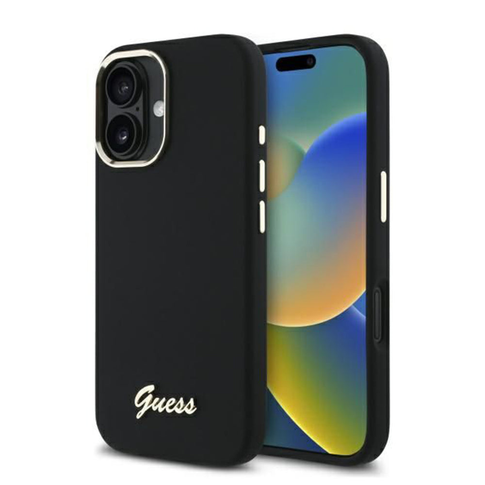 Tok a Apple iPhone 16 Plus-hoz, Guess, Script Metal Logo & Frame, Fekete