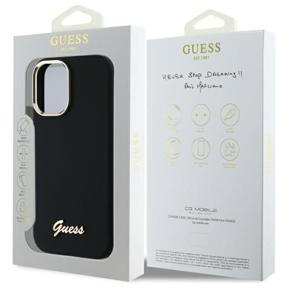 Tok a Apple iPhone 16 Plus-hoz, Guess, Script Metal Logo & Frame, Fekete