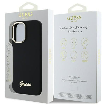 Tok a Apple iPhone 16 Plus-hoz, Guess, Script Metal Logo & Frame, Fekete