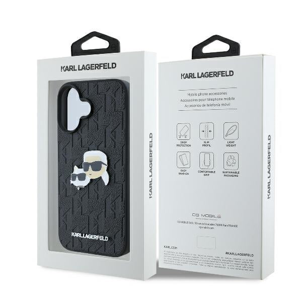 Tok Apple iPhone 16 Plus-hoz, Karl Lagerfeld, Monogram Karl & Choupette's Heads, Fekete