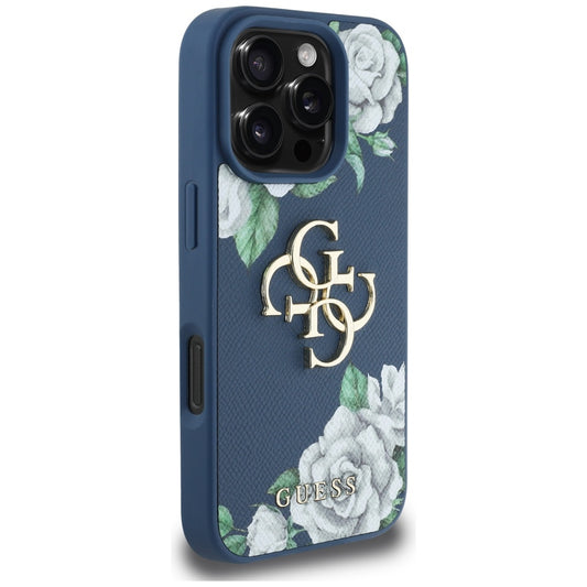 Tok Apple iPhone 16 Pro-hoz, Guess, 4G Grained Roses Big Logo, Kék