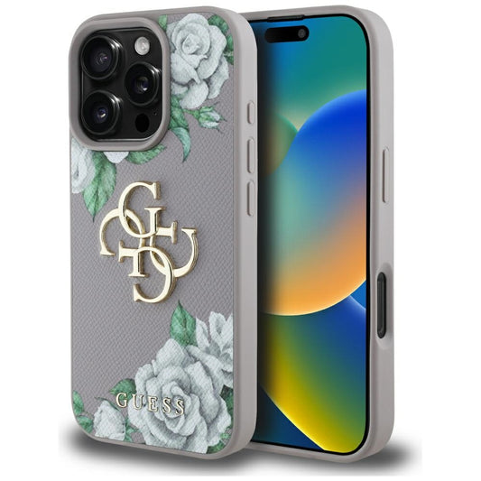 Tok Apple iPhone 16 Pro-hoz, Guess, 4G Grained Roses Big Logo, Lila