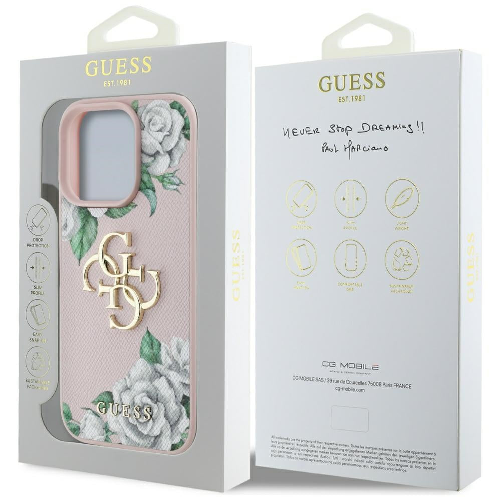 Case for Apple iPhone 16 Pro, Guess, 4G Grained Roses Big Logo, Pink