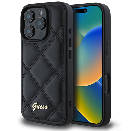 Tok Apple iPhone 16 Pro-hoz, Guess, Quilted Metal Logo, Fekete