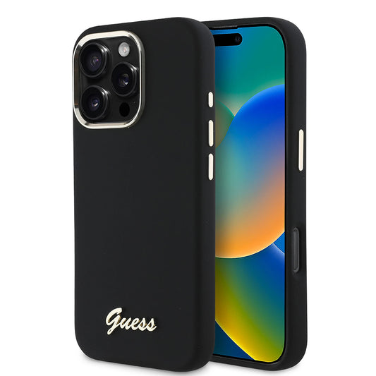 Tok a Apple iPhone 16 Pro-hoz, Guess, Script Metal Logo & Frame, Fekete