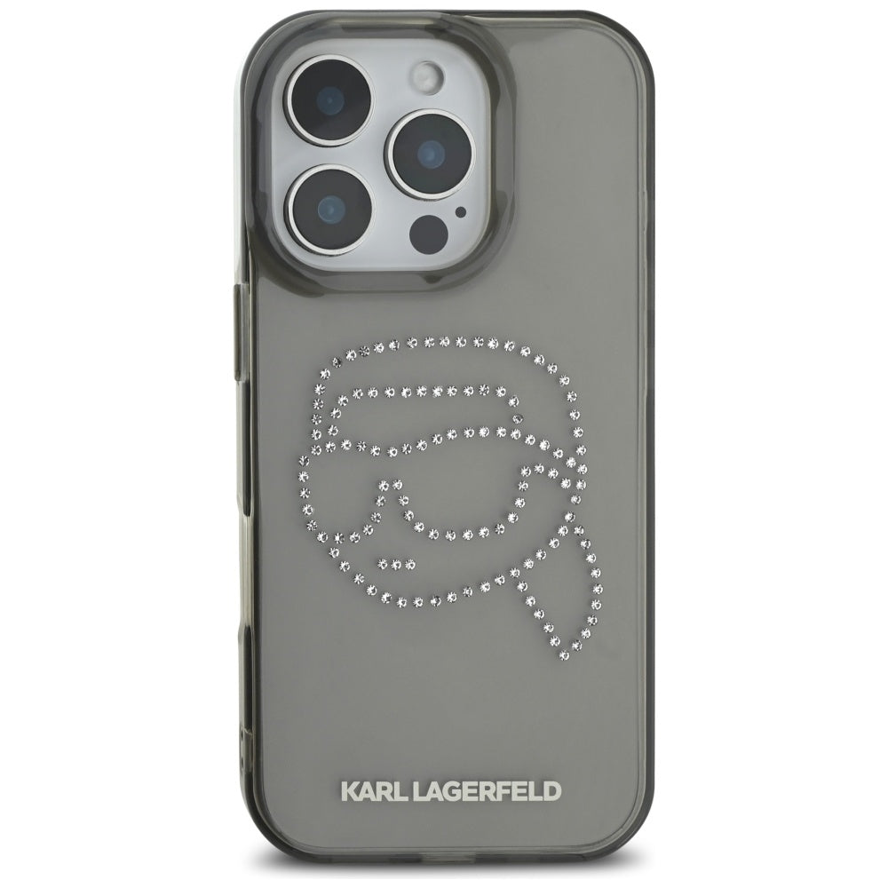 Tok Apple iPhone 16 Pro-hoz, Karl Lagerfeld, IML Rhinestones Karl's Head, Fekete