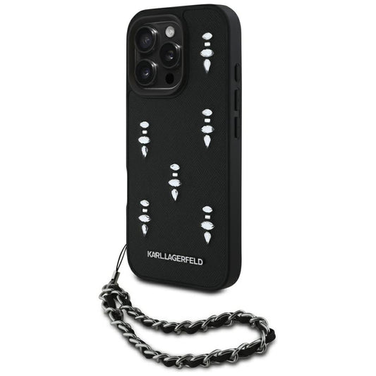 Tok Apple iPhone 16 Pro-hoz, Karl Lagerfeld, Saffiano Crystals & Charm, Fekete